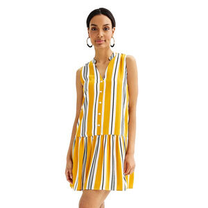 Nine West Gold Awning Stripe Yellow Black Button Front Ruffle Hem Mini Dress L